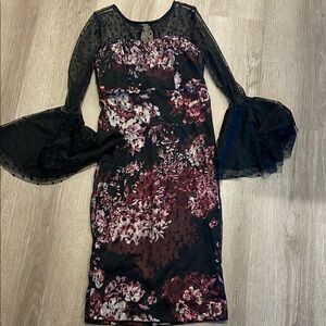 Floral Black Dress with Sheer Sleeves